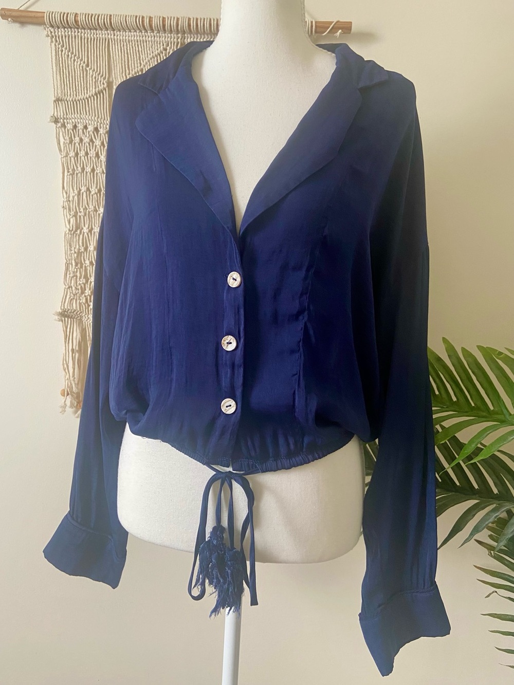 Free People Intimately Navy Button Down Blouse Collared Drawstring Tassel XS